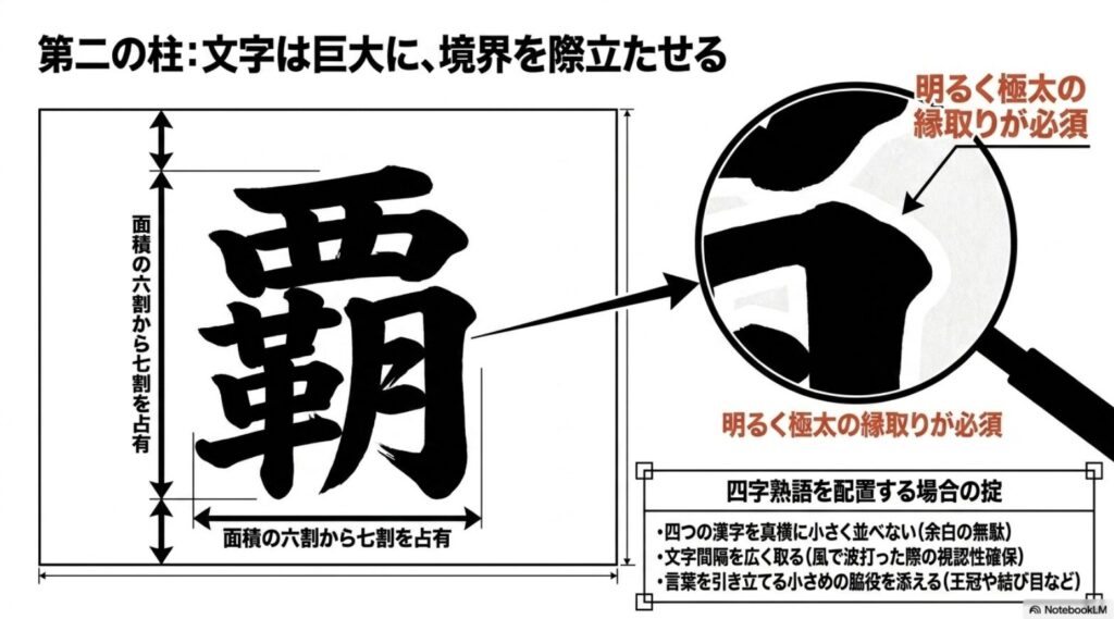 旗の面積の六割から七割を占有する巨大な「覇」の文字と 、明るく極太の縁取りの必須性 、および四字熟語を配置する際の余白や間隔の掟を図解したスライド