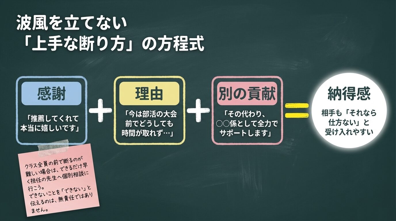 「感謝（推薦への御礼）」＋「理由（部活の大会等）」＋「別の貢献（係としてのサポート）」という、相手に納得感を与えつつ角を立てずに辞退するための構成図を示したスライド。