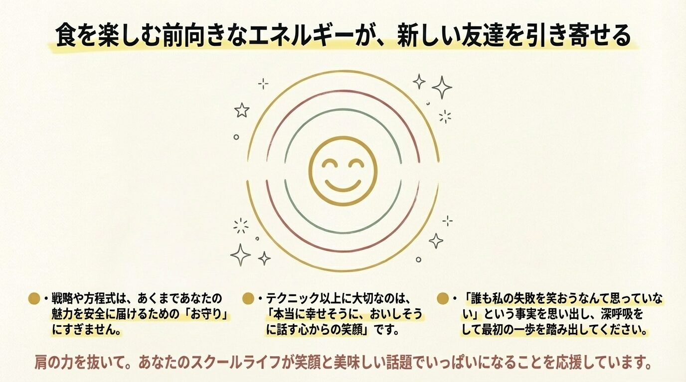 テクニックよりも「おいしそうに話す笑顔」が大切であることを伝えるエンディングスライド。