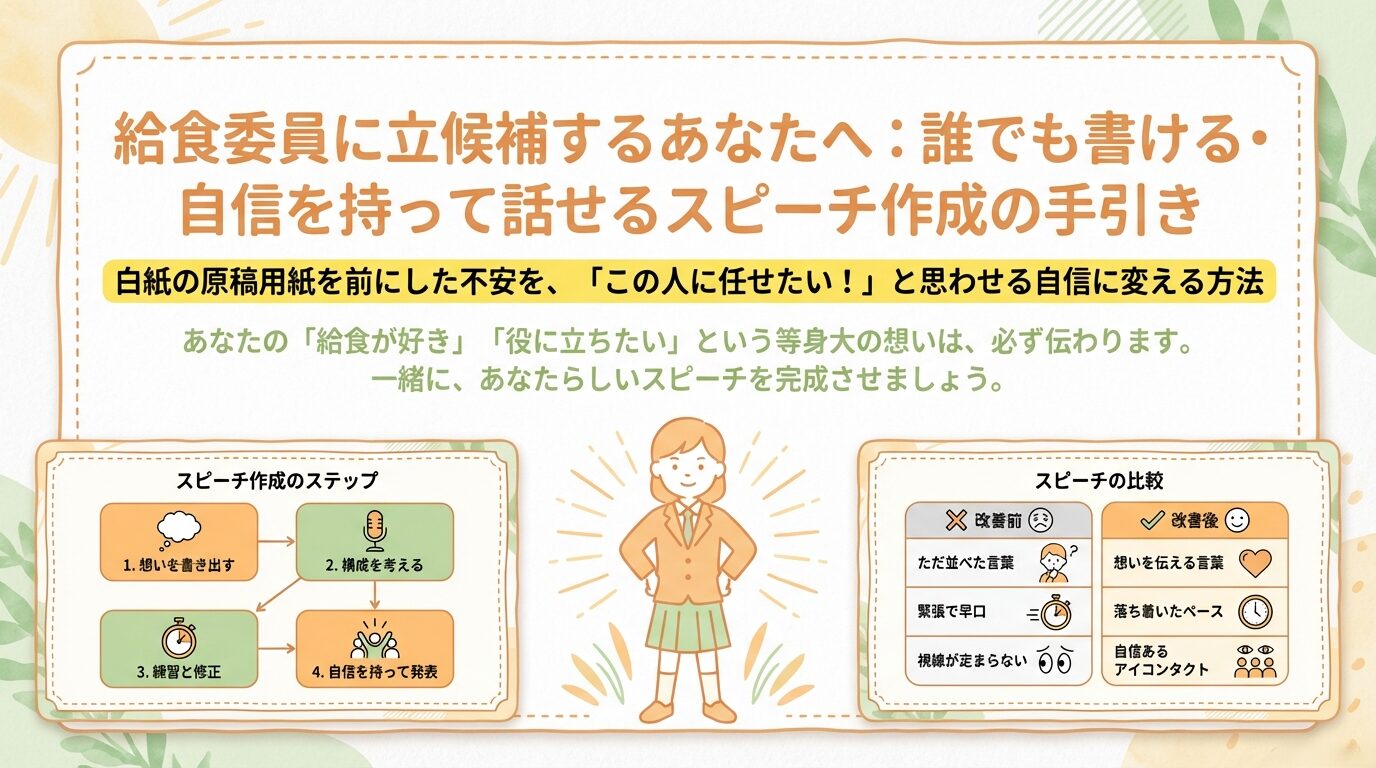 「給食委員に立候補するあなたへ：誰でも書ける・自信を持って話せるスピーチ作成の手引き」と書かれた表紙画像。