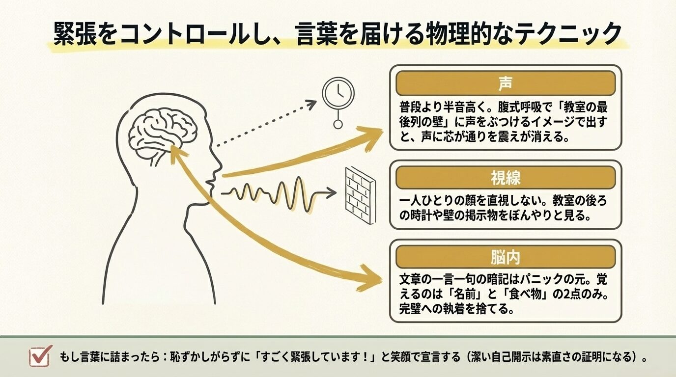 声の出し方、視線の送り方、暗記に頼らない脳内の持ち方の3点を解説した図解。