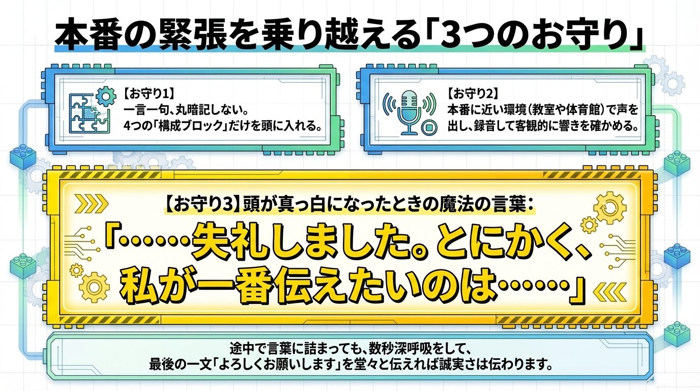 丸暗記しない、本番に近い環境で練習、パニック時の魔法の言葉という3つの対策。
