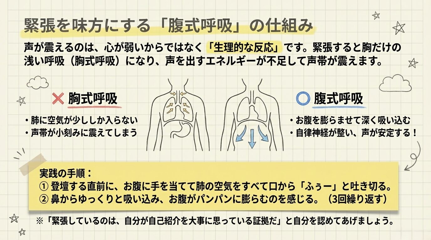 緊張による胸式呼吸と、リラックスを促す腹式呼吸の違いを図解。お腹に手を当てて息を吐き切り、深く吸い込む具体的な手順。