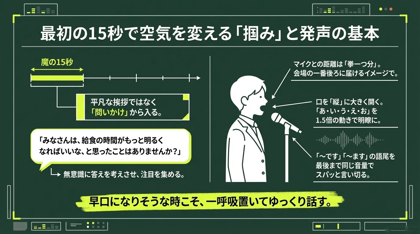スピーチをする中学生のイラスト。マイクとの距離（拳一つ分）、口の開け方（縦に大きく）、問いかけから入る導入のコツ、語尾を言い切る重要性を解説した図解。 5. 話し方のリズムのスライ