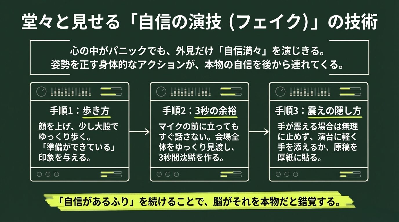 登壇時の歩き方、マイク前での3秒間の沈黙（余裕）、手の震えを隠す方法など、「自信があるふり」を本物に変えるための具体的な動作手順の解説。