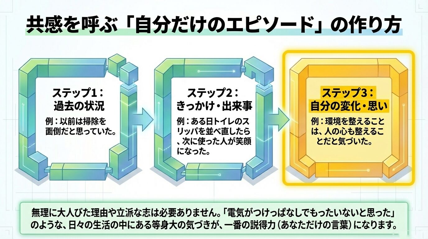 過去の状況、きっかけ、自分の変化の3段階で、等身大のエピソードを作る手順の解説図。
