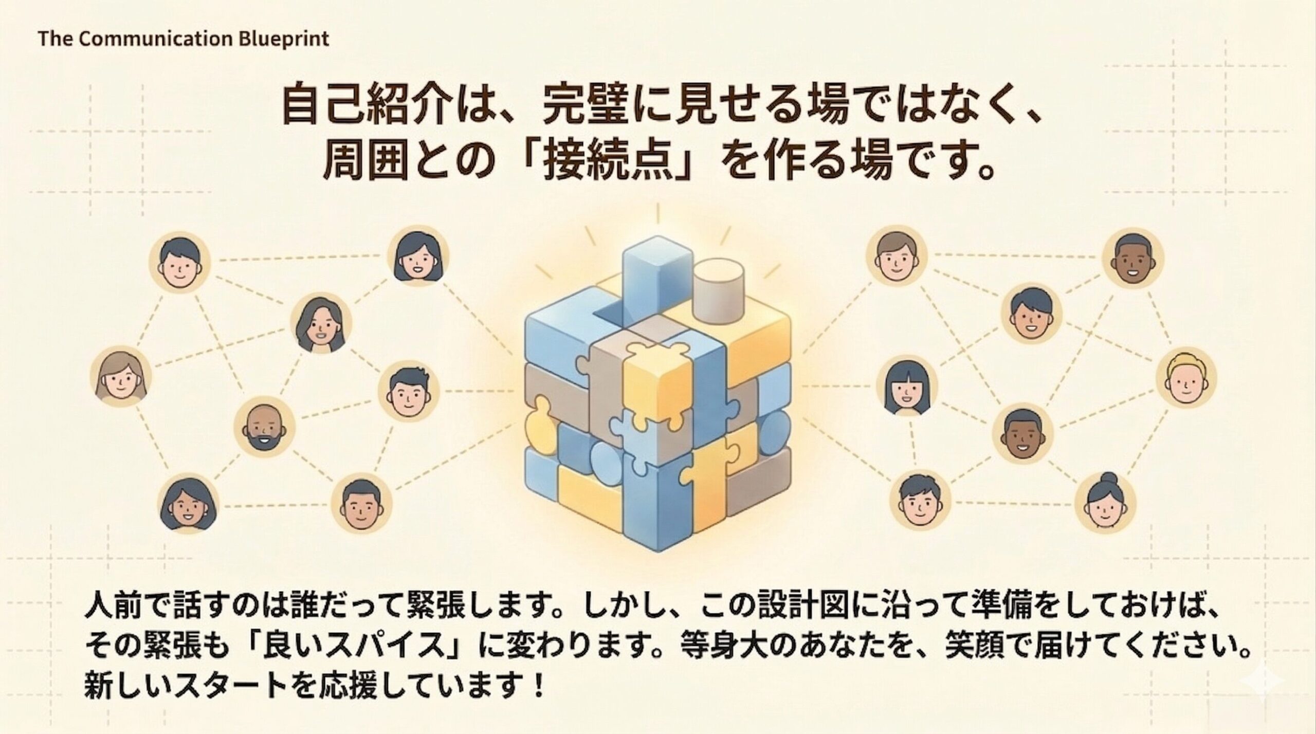 「自己紹介は完璧に見せる場ではなく、周囲との接続点を作る場」というメッセージと、新しいスタートを応援する言葉が書かれたまとめのスライド。