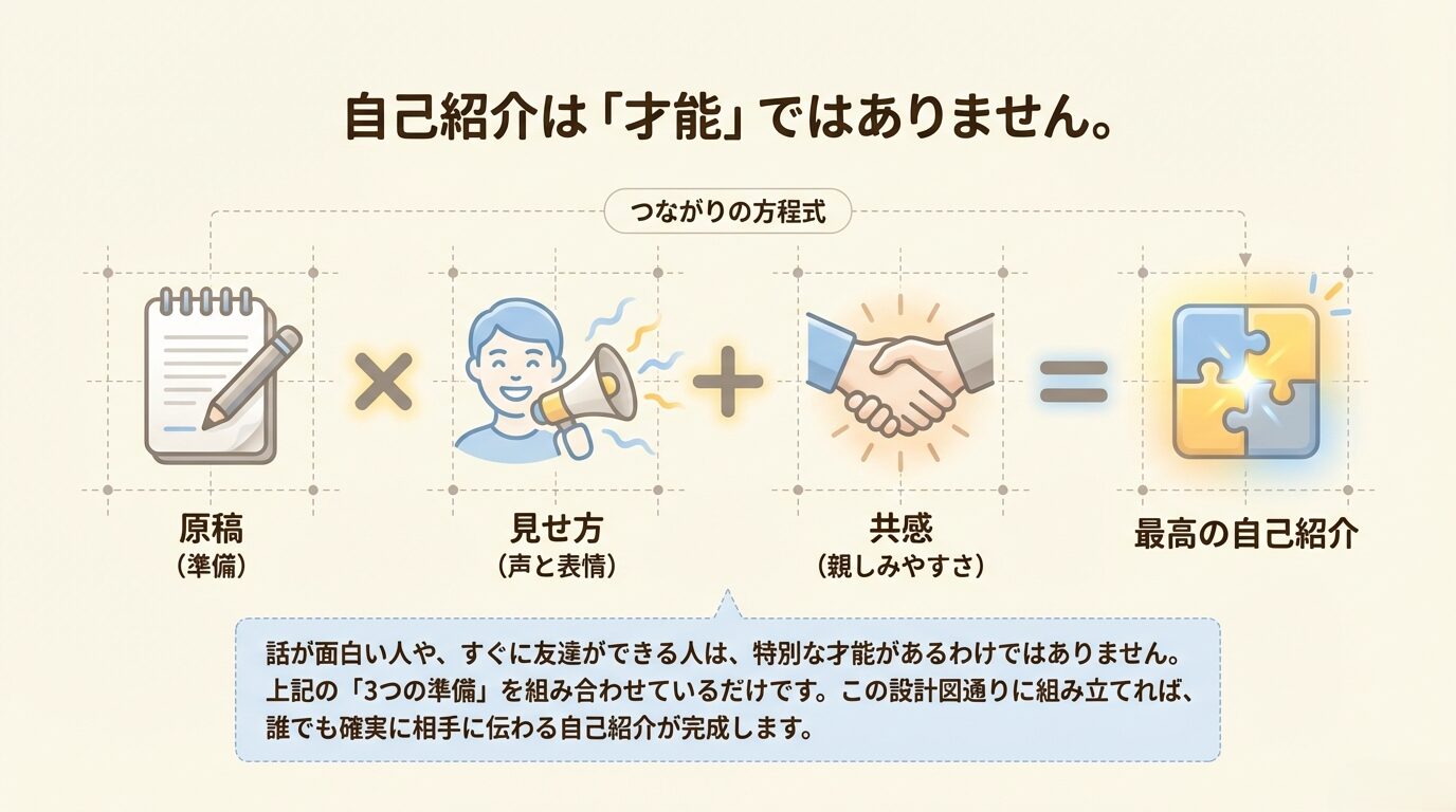 「原稿（準備）× 見せ方（声と表情）＋ 共感（親しみやすさ）＝ 最高の自己紹介」という方程式を示した図解スライド。