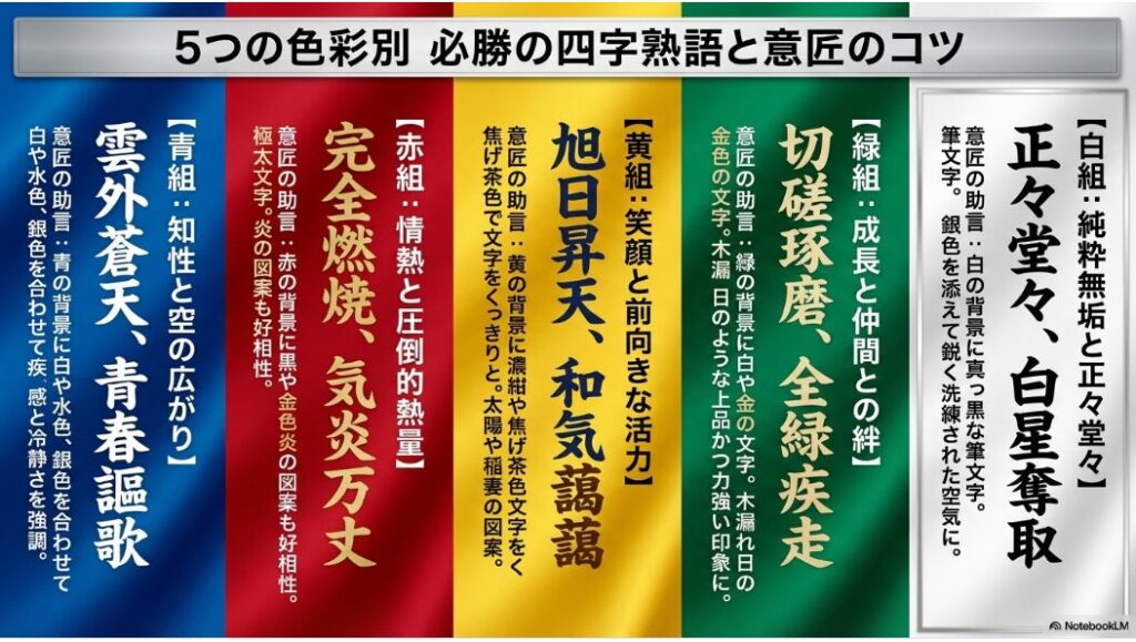 5つの色別（青・赤・黄・緑・白）体育祭スローガン四字熟語一覧と横断幕デザインのコツ