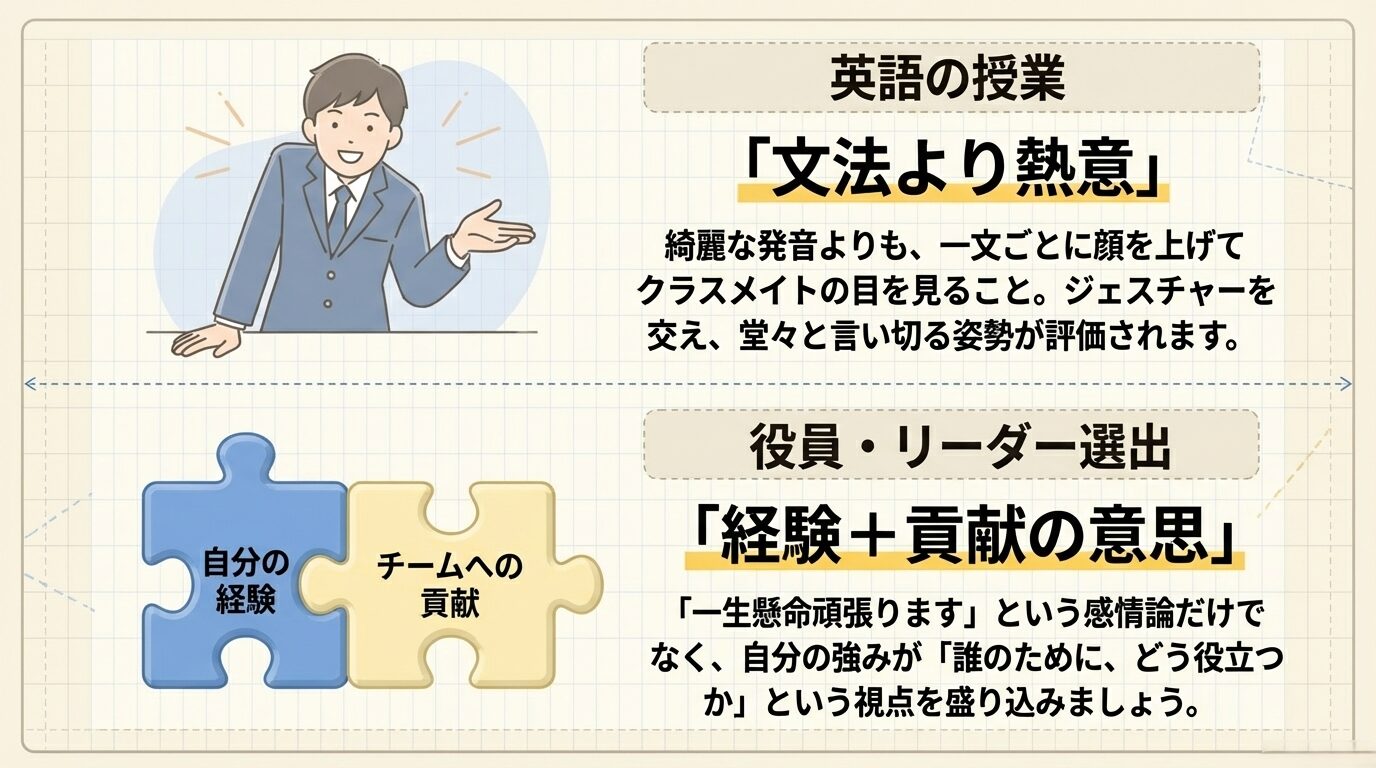 英語の授業では「文法より熱意」、役員選出では「経験＋貢献の意思」が大切であることを解説するスライド。