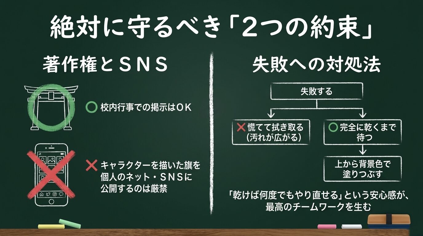 著作権保護のためキャラクター旗のSNS公開は厳禁であること。また、失敗しても乾くまで待って背景色で塗りつぶせば直せるという安心のルール