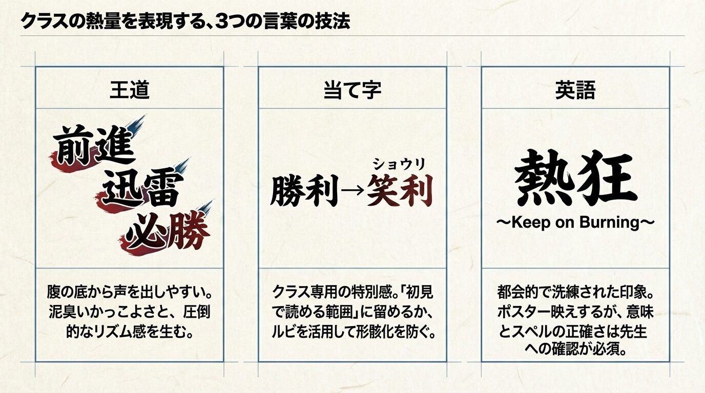 「王道」「当て字」「英語」の3つの技法を比較した表。王道の「必勝」はリズムが良い、当て字の「笑利」は特別感がある、英語の「Keep on Burning」は洗練された印象といった特徴がまとめられている。