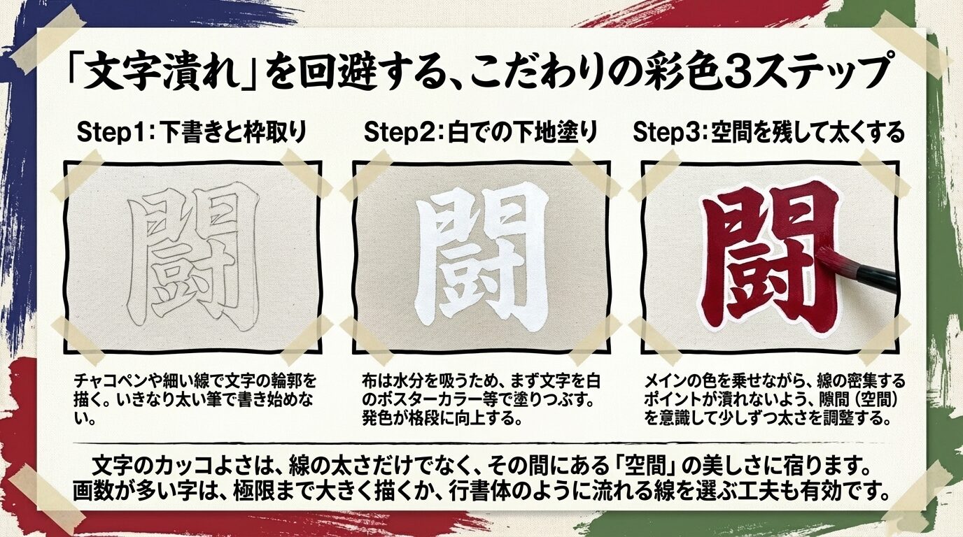 1.下書きと枠取り、2.白での下地塗り、3.空間を残した彩色という3ステップで、画数が多い字でも発色良く、潰さずに描くための手順図。