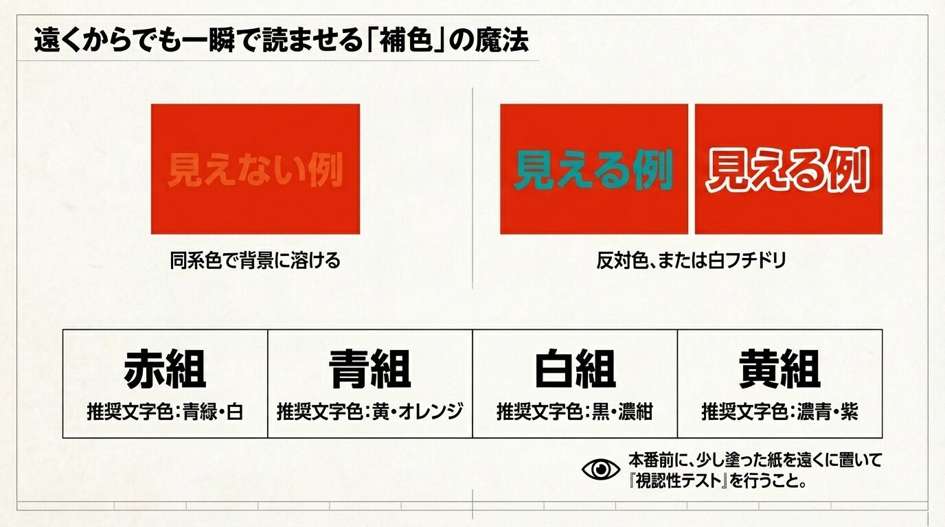 配色の「見える例」と「見えない例」の比較。赤・青・白・黄の各組旗に対して、補色や反対色、白フチドリを活用した推奨文字色が具体的に示されている。