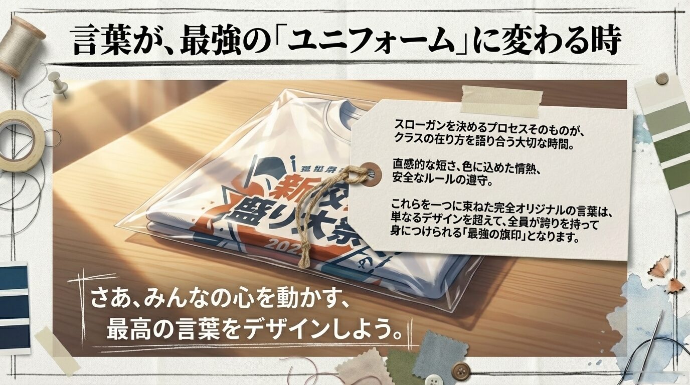 スローガンを決めるプロセスがクラスの在り方を語り合う大切な時間であるというメッセージ