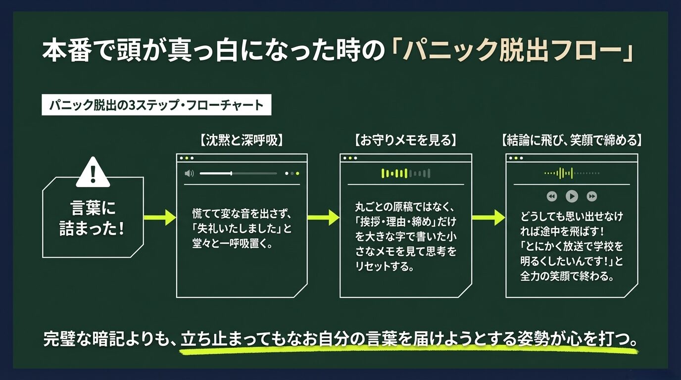 頭が真っ白になった時の3ステップフローチャート。1.沈黙と深呼吸、2.キーワードメモの確認、3.結論に飛んで笑顔で締める、というリカバリー手順。