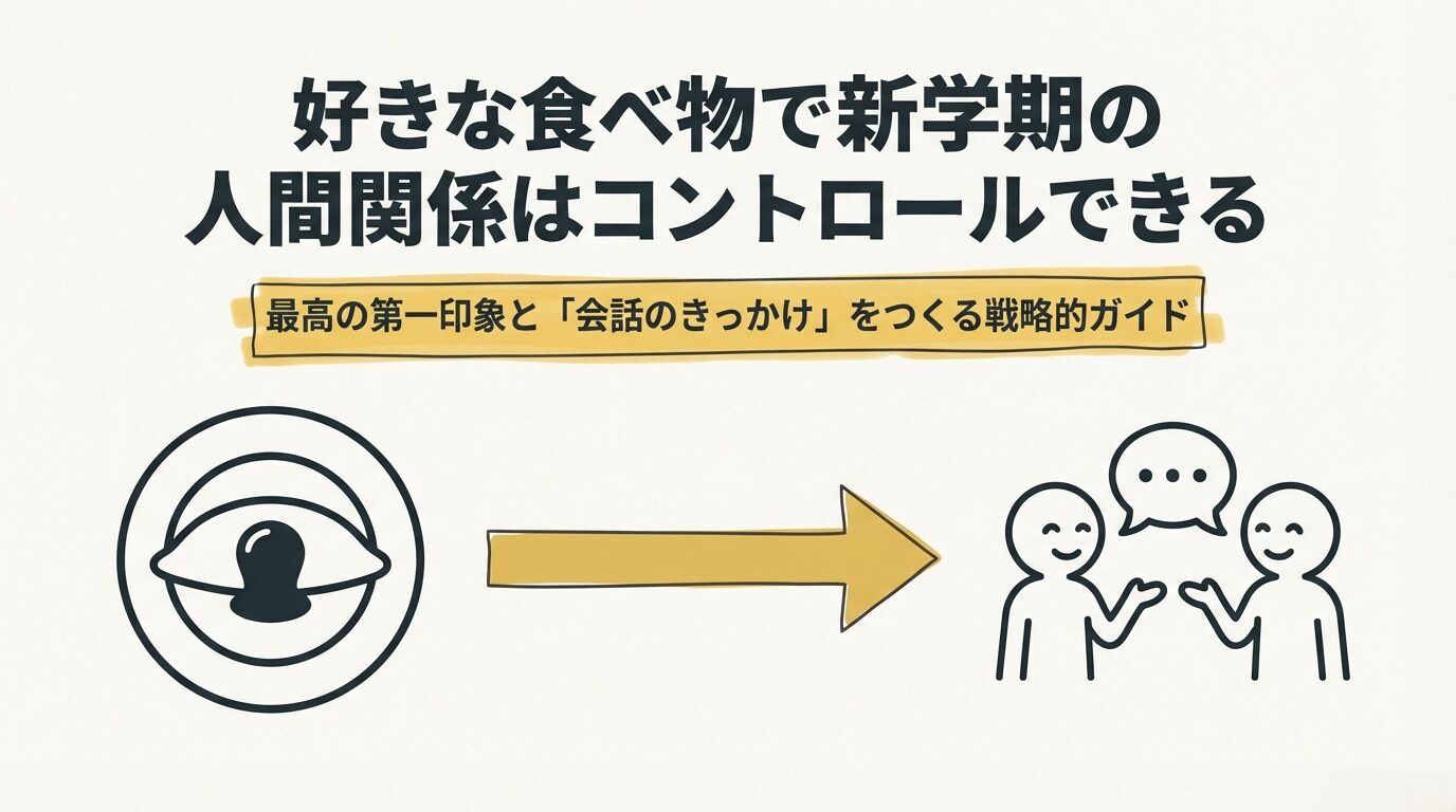 「好きな食べ物で新学期の人間関係はコントロールできる」というタイトルの表紙スライド。