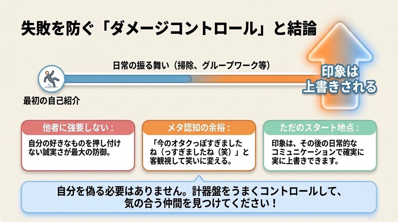 最初の自己紹介で失敗しても、日常の誠実な振る舞いやメタ認知（客観視）によって印象は上書きできることを示すフロー図。最後は自分を偽らず計器盤をコントロールしようという結びのメッセージ。
