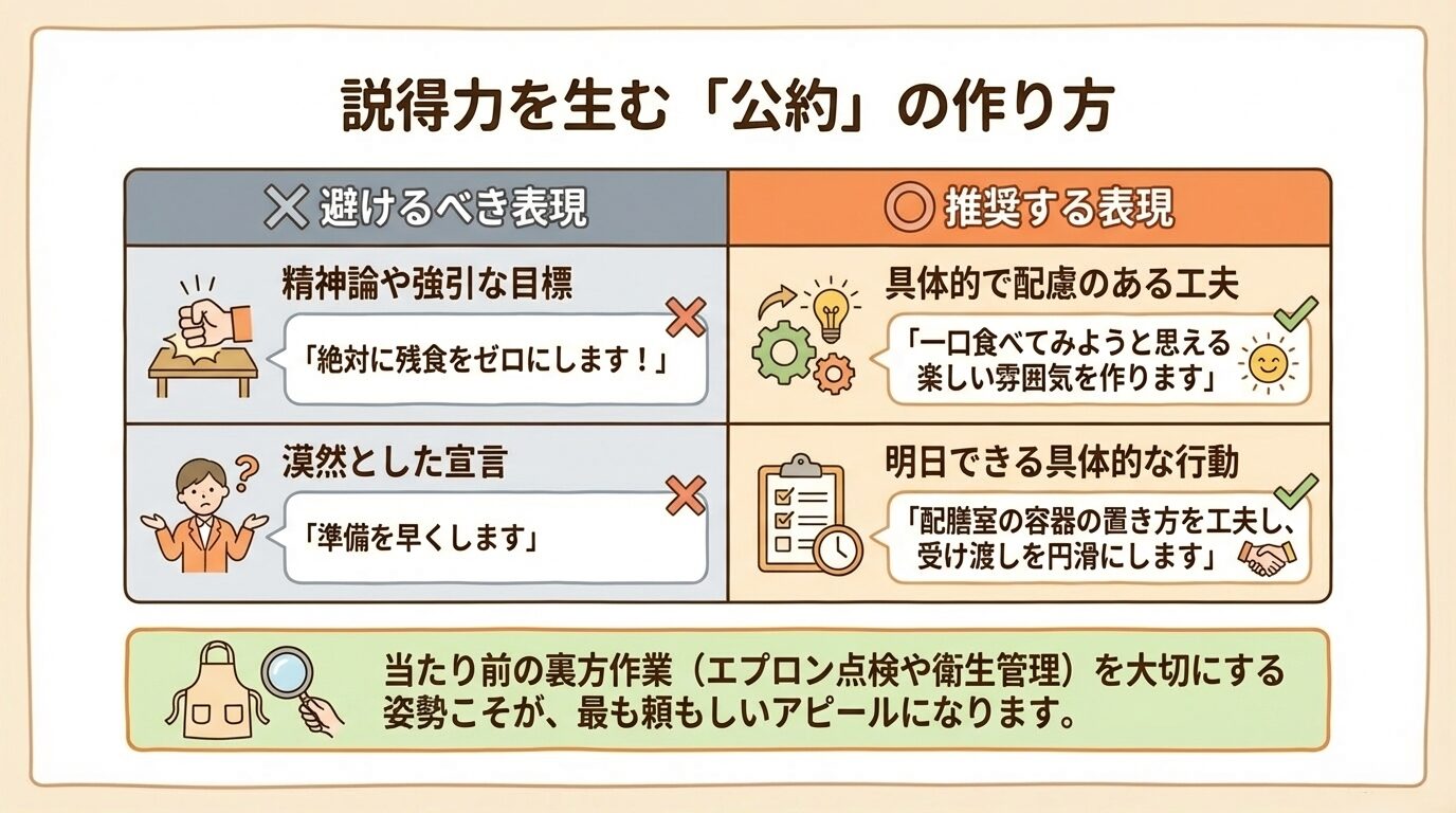 避けるべき精神論的な表現（絶対に残食ゼロなど）と、推奨される具体的で配慮のある表現（一口食べてみようと思える雰囲気作りなど）を比較した表。