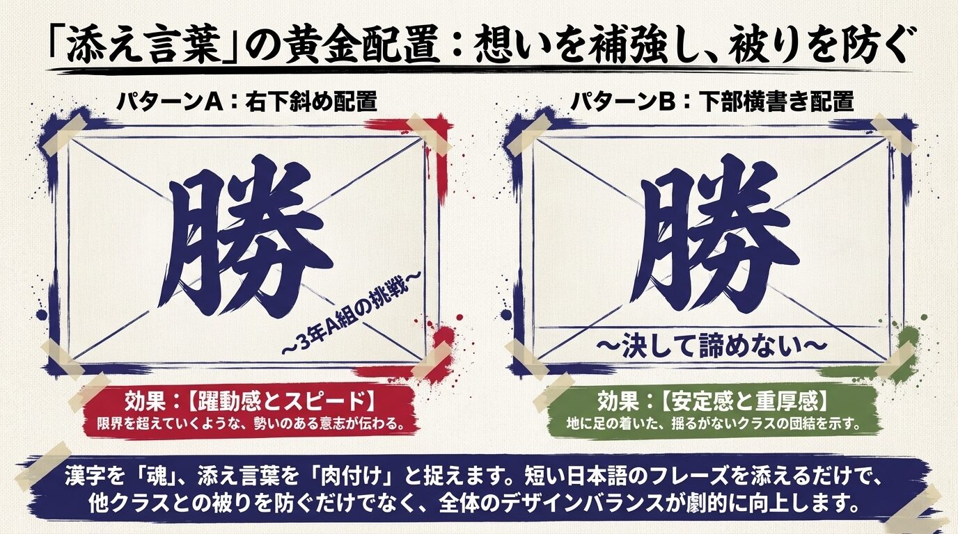 漢字「勝」を例に、右下斜め配置(躍動感)と下部横書き配置(安定感)の2種類のデザインパターンを示した学級旗のレイアウト図。