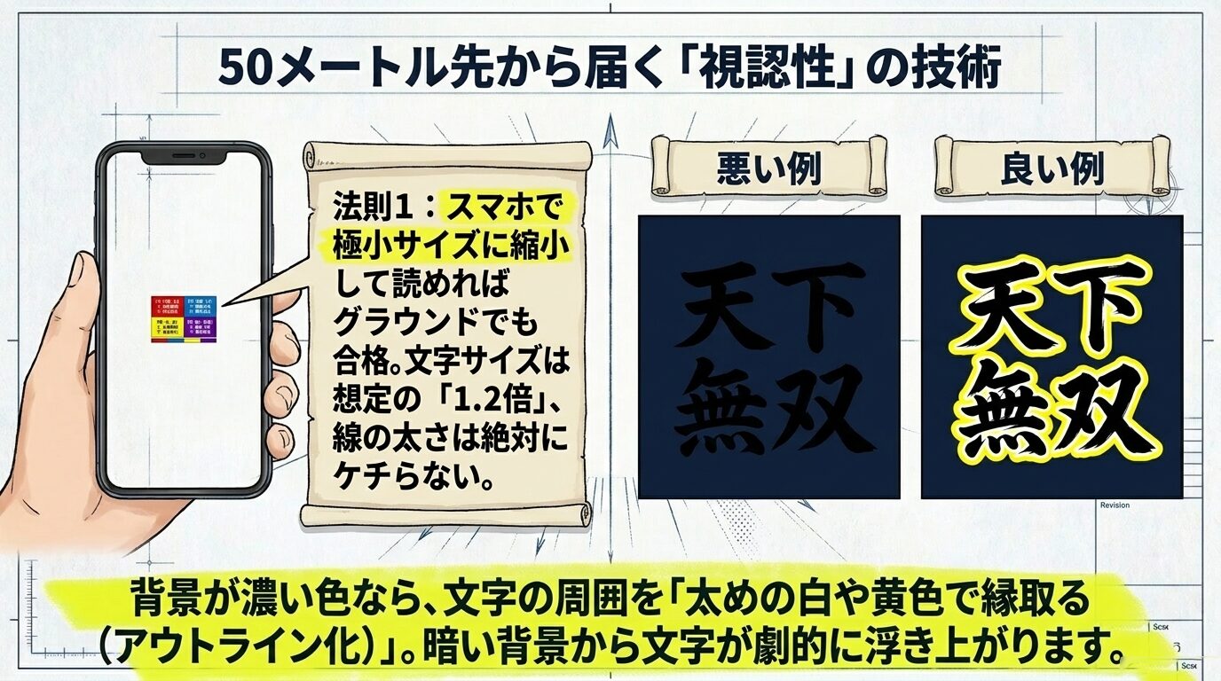 暗い背景で文字が沈む「悪い例」と、白や黄色で縁取って文字を浮かび上がらせる「良い例」を比較し、視認性の重要性を説くスライド 。