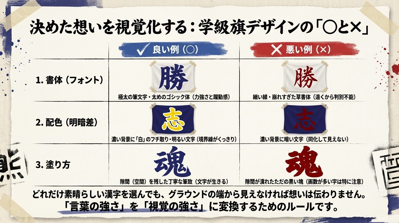 書体(極太か細いか)、配色(明暗差)、塗り方(隙間の有無)について、良い例と悪い例を対比させた比較表。