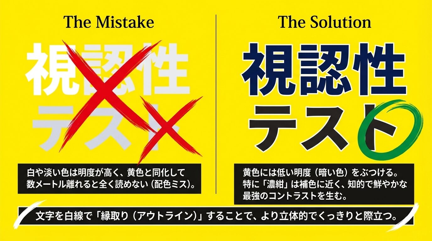 黄色背景に白文字（視認性NG）と濃紺文字（視認性OK）の比較図。縁取り（アウトライン）の効果についても説明している。