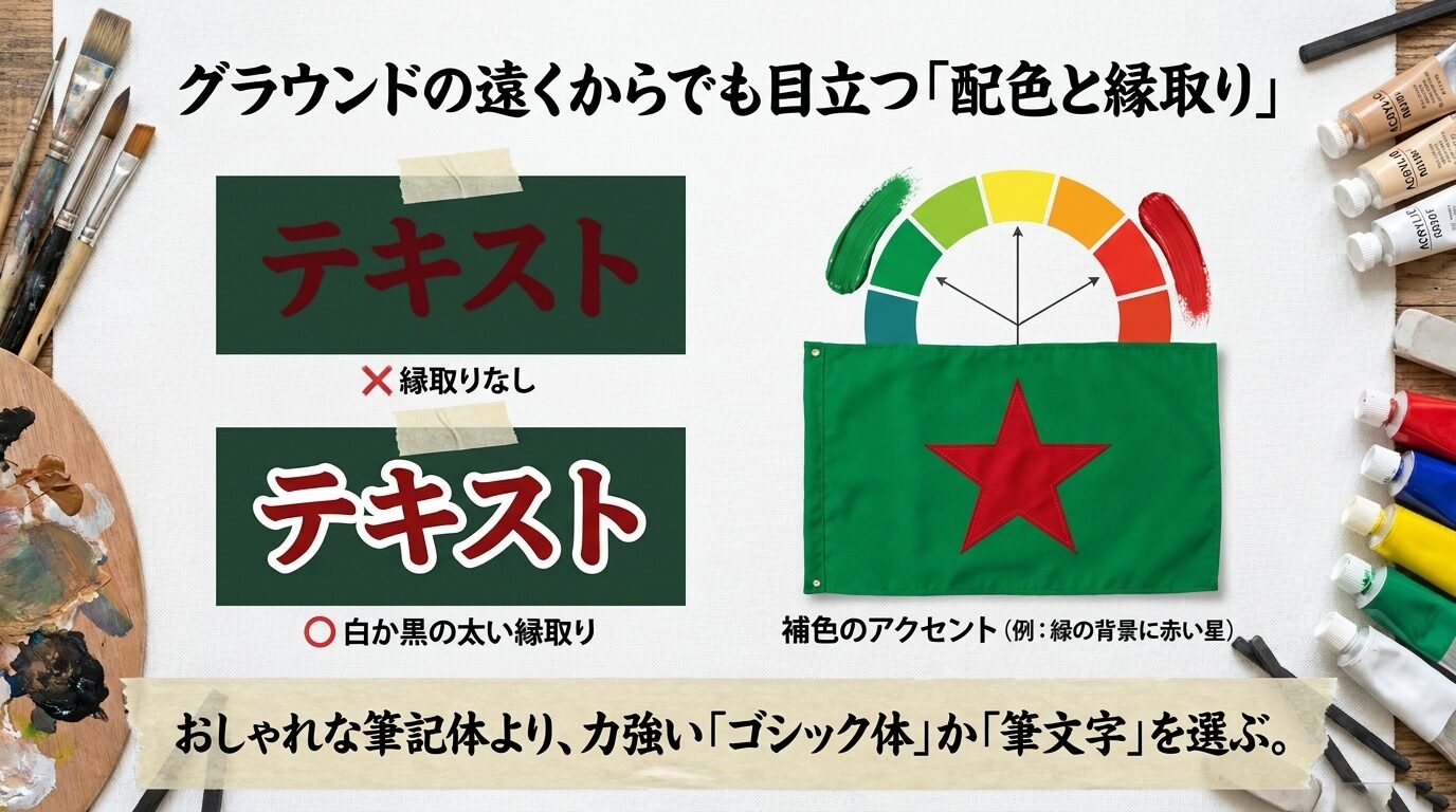 視認性を高める太い縁取りの有無の比較。補色のアクセント、力強いゴシック体や筆文字の選択についてのデザイン解説