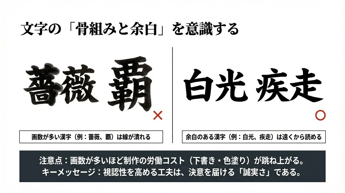 画数の多い「薔薇・覇」は線が潰れやすく、余白のある「白光・疾走」は遠くからでも読みやすいことを示す比較画像。