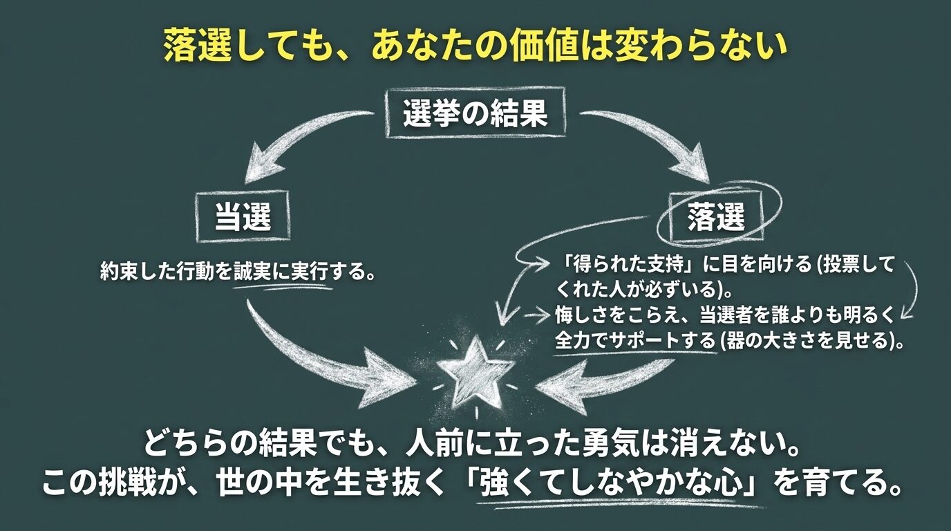 当選した場合は誠実な実行を、落選した場合は支持してくれた人に目を向け当選者をサポートする姿勢を示すことで、どちらの結果でも挑戦した勇気は消えないことを伝えるフロー図のスライド。