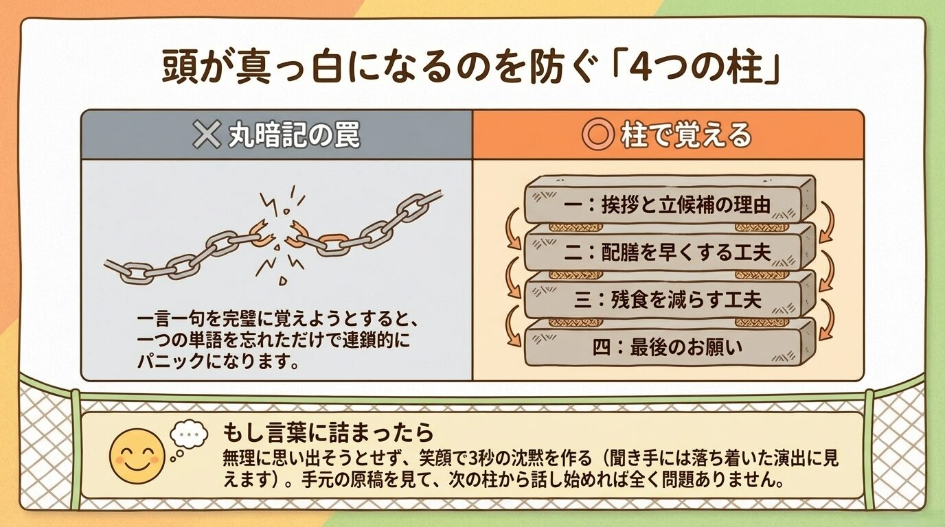 一言一句を覚える「丸暗記の罠」と、4つの大きなキーワード（挨拶、工夫1、工夫2、お願い）で覚える「柱で覚える方法」の対比図。