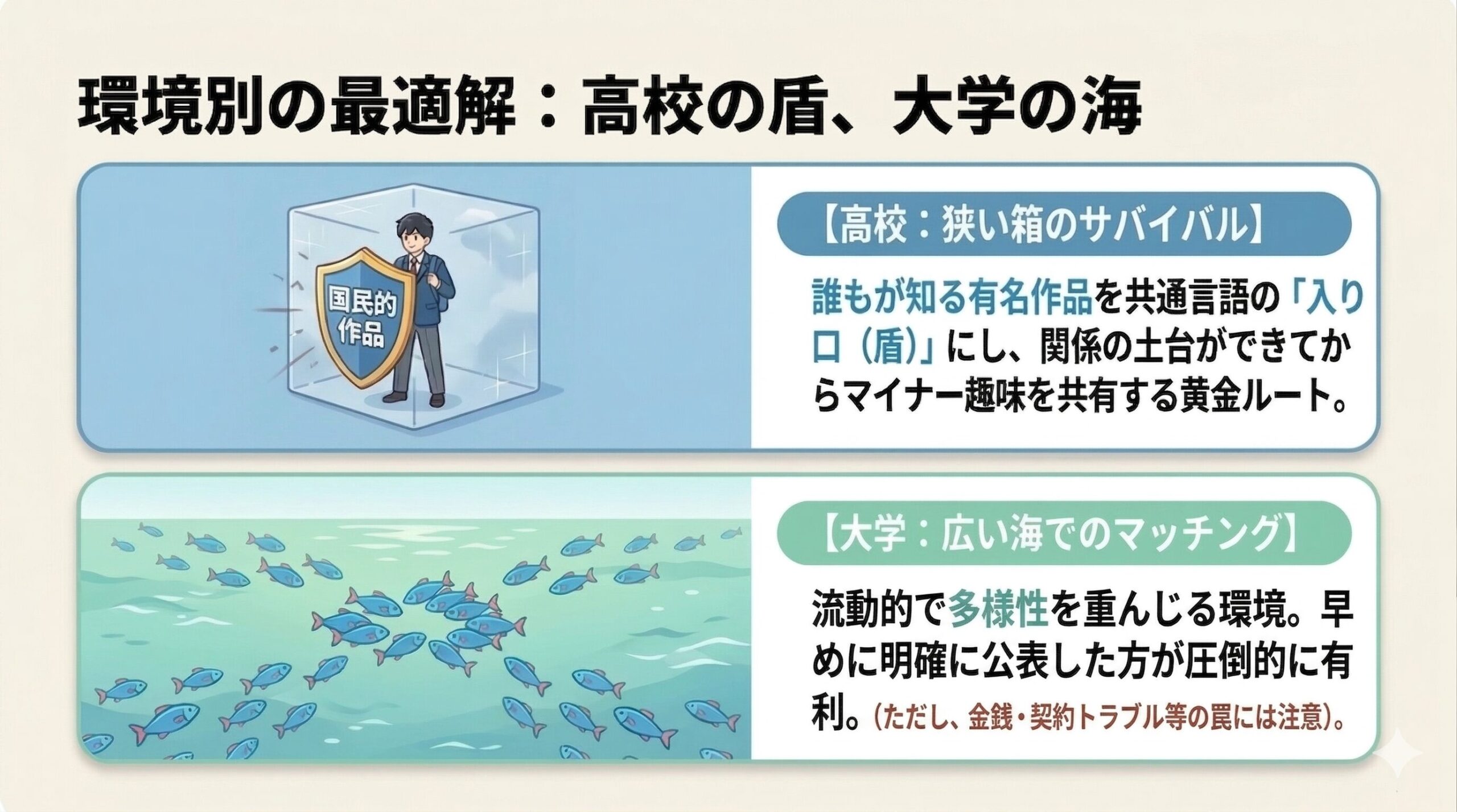 高校では有名作品を入り口にするサバイバル術、大学では多様性を活かして早めに公表するマッチング術を対比させたイラスト。