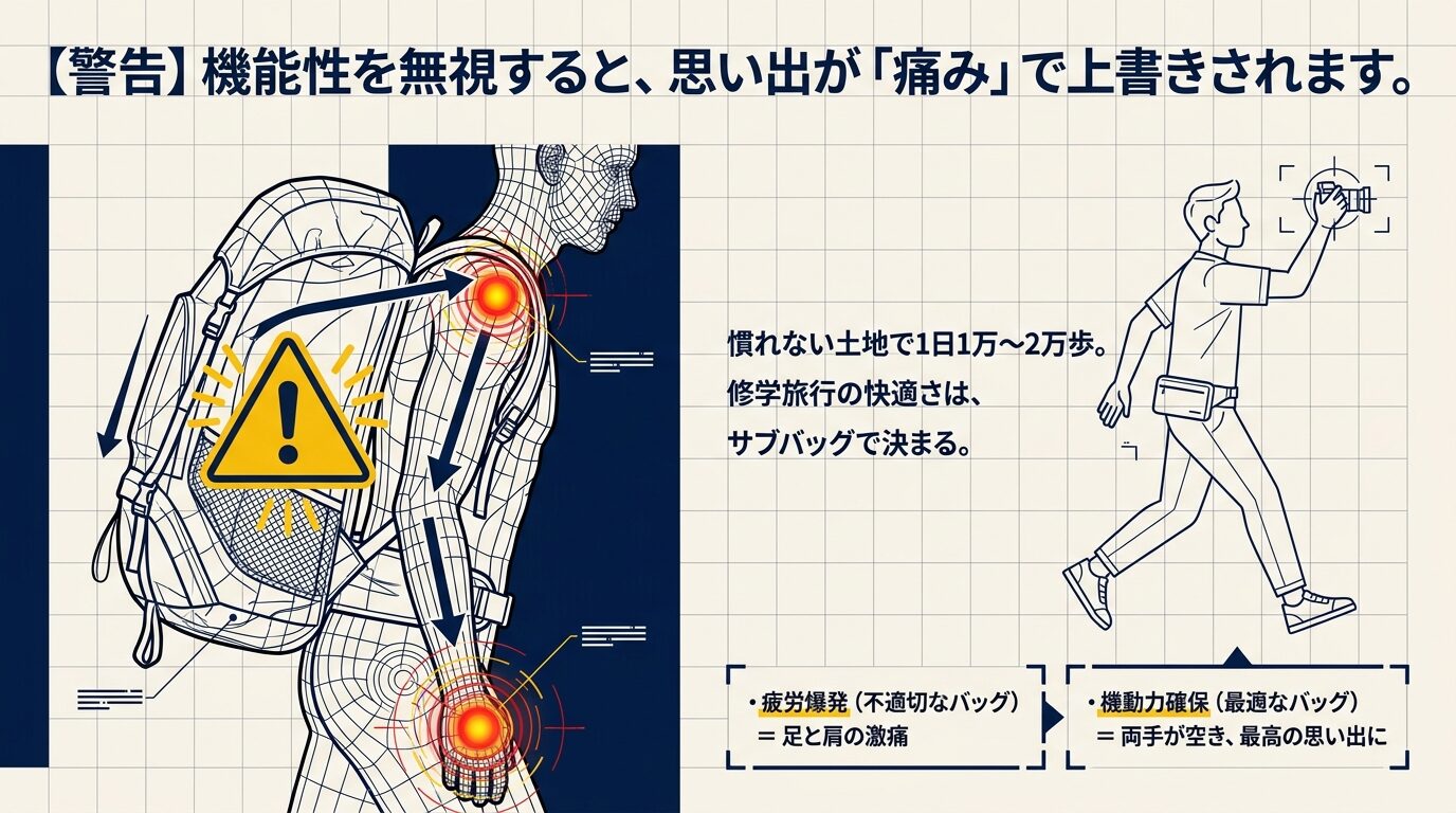 バッグの重みで肩や足に痛みが生じている人体図のイラストと、適切なバッグで快適に歩くシルエットの比較図。