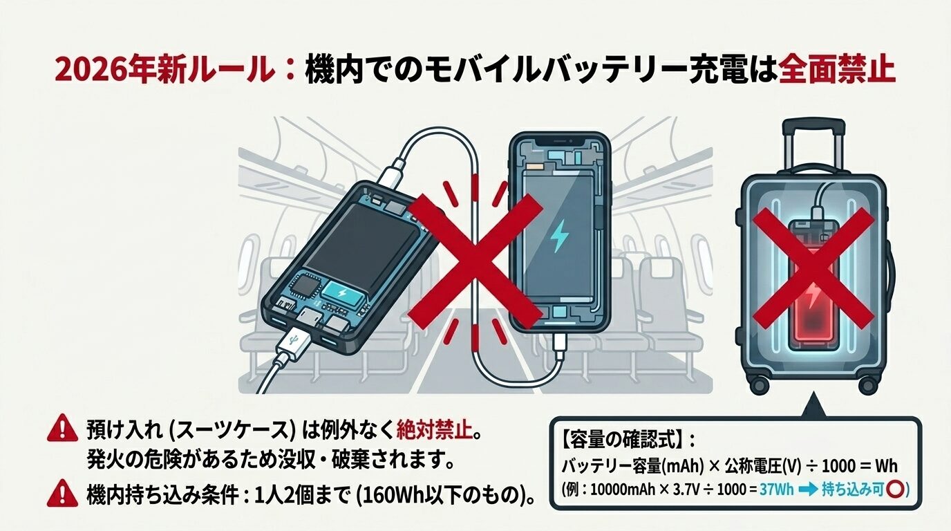 機内での充電禁止マークと、預け入れ荷物への投入禁止を警告するイラスト。ワット時定格量（Wh）の計算式も記載。