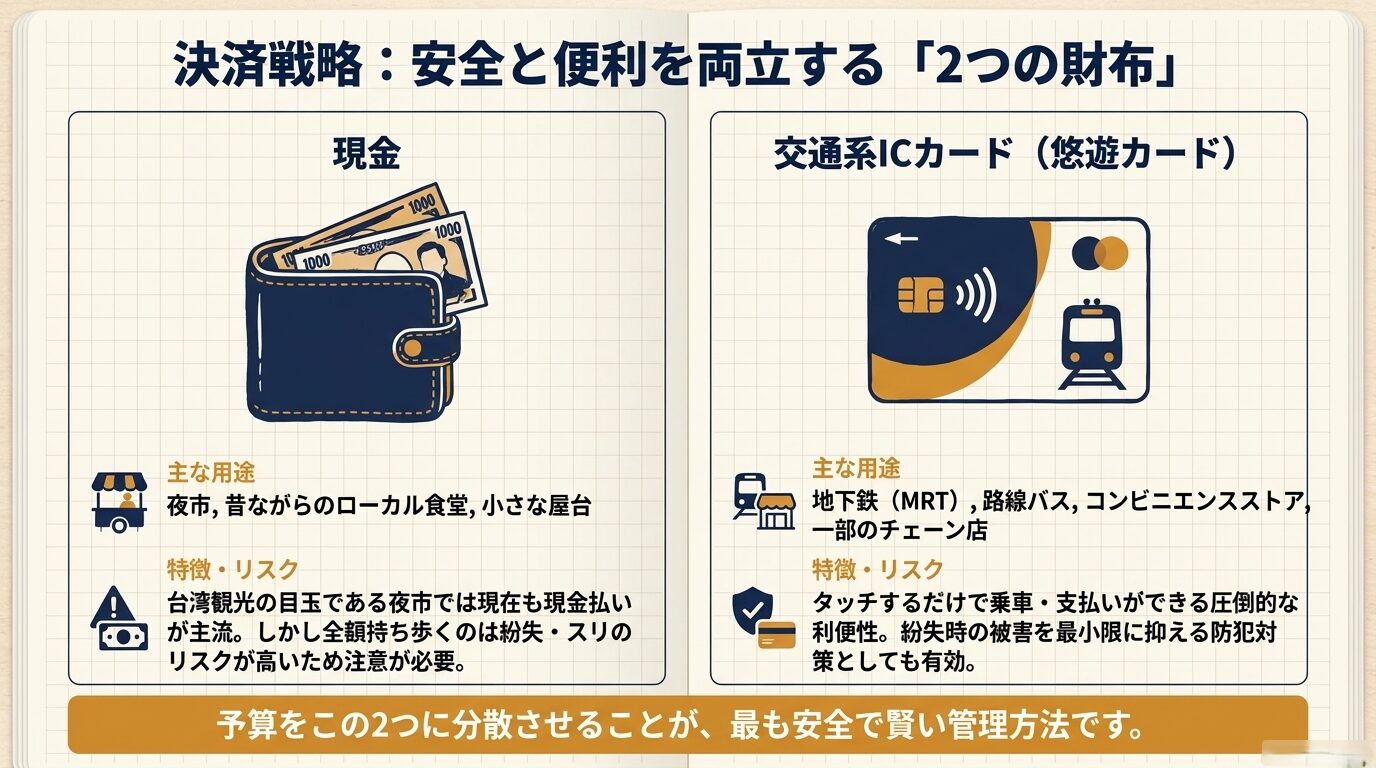 夜市用の現金と移動用の交通系ICカード(悠遊カード)に予算を分散させる安全な管理方法の解説