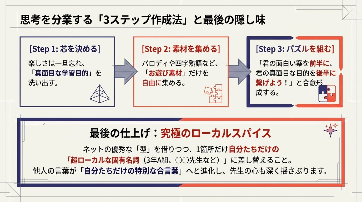 思考を分業する「3ステップ作成法」として、Step 1: 芯を決める（真面目な目的）、Step 2: 素材を集める（お遊び素材）、Step 3: パズルを組む（合意形成）の流れを解説。最後の仕上げとして、1箇所だけクラス名や先生の名前などの超ローカルな固有名詞に差し替える「究極のローカルスパイス」を推奨するスライド。