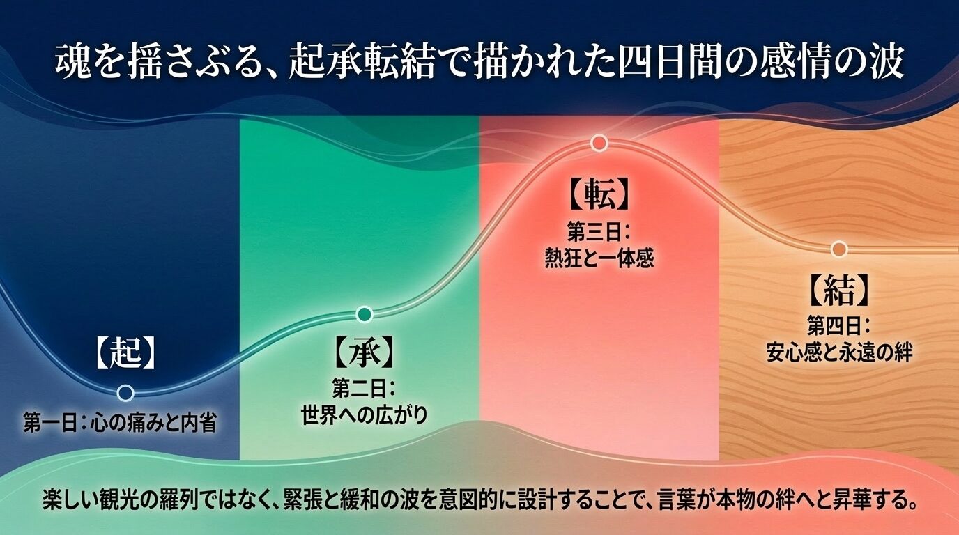 4日間の感情の波を表現した構成図。「魂を揺さぶる、起承転結で描かれた四日間の感情の波」として、【起】第一日:心の痛みと内省、【承】第二日:世界への広がり、【転】第三日:熱狂と一体感、【結】第四日:安心感と永遠の絆を時系列で示し、「楽しい観光の羅列ではなく、緊張と緩和の波を意図的に設計することで、言葉が本物の絆へと昇華する」と説明するスライド。