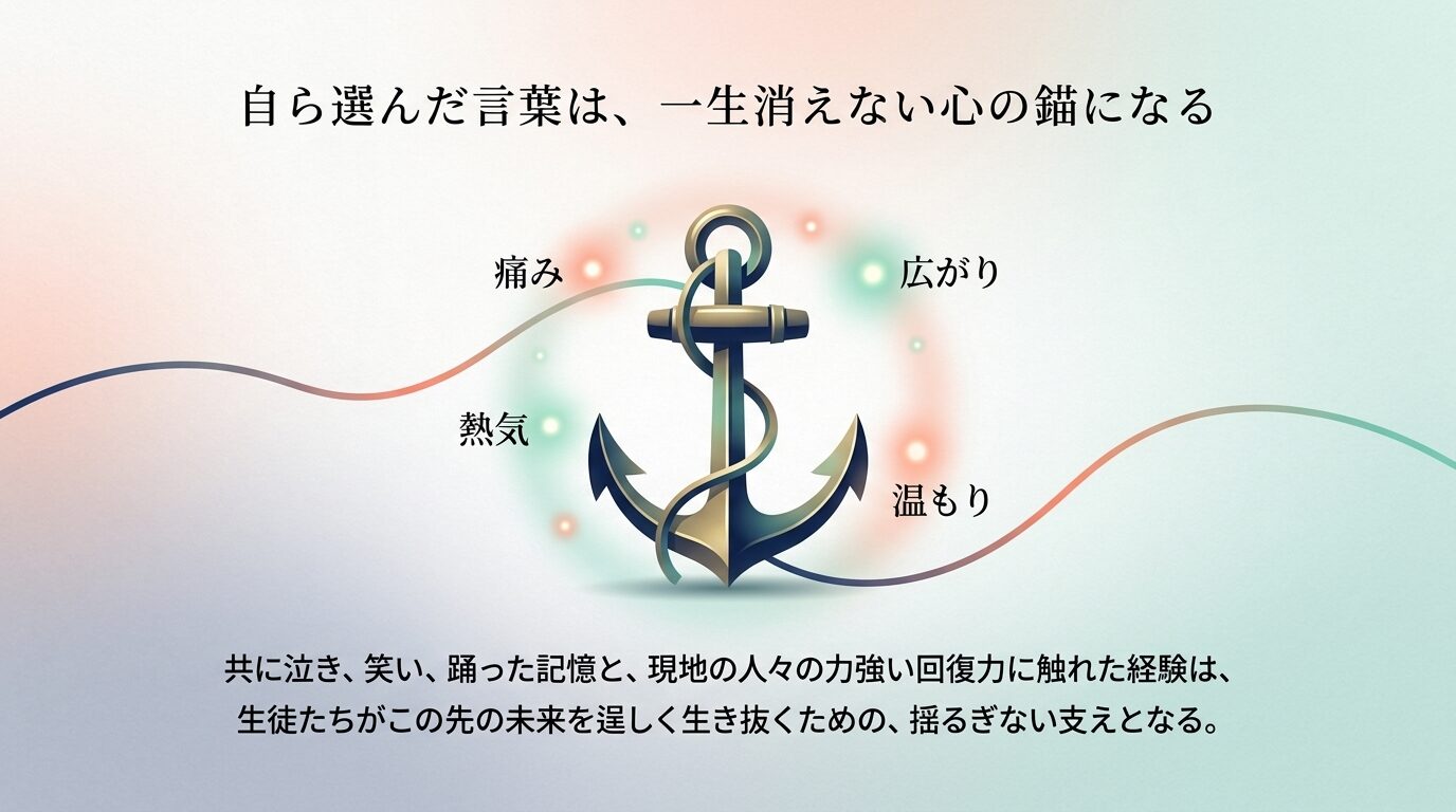 全体の総括スライド。「自ら選んだ言葉は、一生消えない心の錨になる」というテーマのもと、4日間の感情の波である「痛み」「広がり」「熱気」「温もり」をマイルストーンとして提示。「共に泣き、笑い、踊った記憶と、現地の人々の力強い回復力に触れた経験は、生徒たちがこの先の未来を逞しく生き抜くための、揺るぎない支えとなる」と締めくくっているスライド。