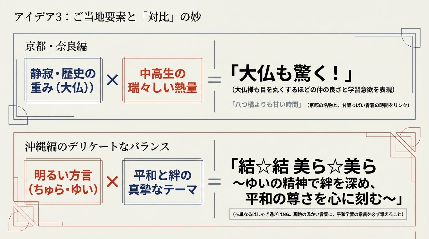 アイデア3：ご当地要素と「対比」の妙。京都・奈良編では「静寂・歴史の重み（大仏）」×「中高生の瑞々しい熱量」＝「大仏も驚く！」「八つ橋よりも甘い時間」を紹介。沖縄編では「明るい方言（ちゅら・ゆい）」×「平和と絆の真摯なテーマ」＝「結☆結 美ら☆美ら 〜ゆいの精神で絆を深め、平和の尊さを心に刻む〜」のデリケートなバランスを紹介する図。
