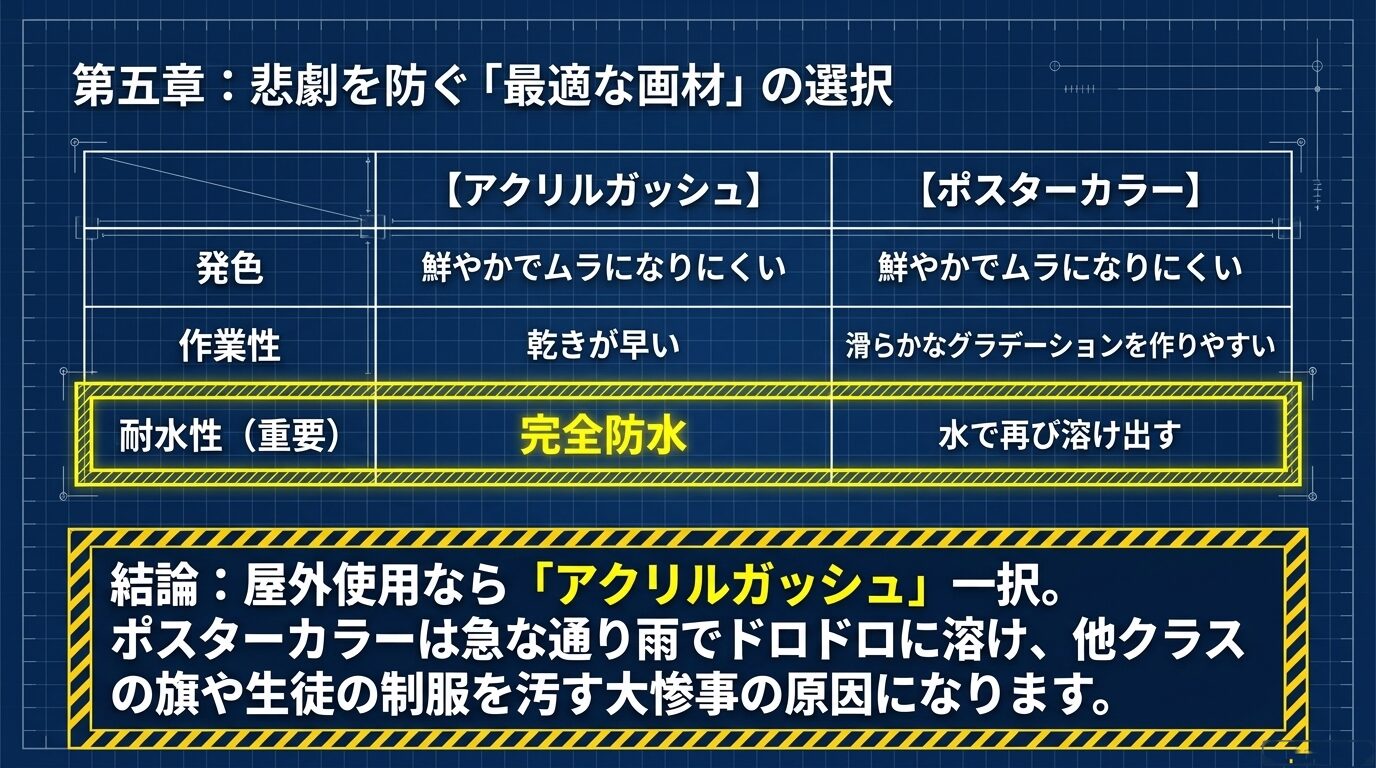 屋外使用なら完全防水のアクリルガッシュ一択であることを示す、画材の比較と結論。