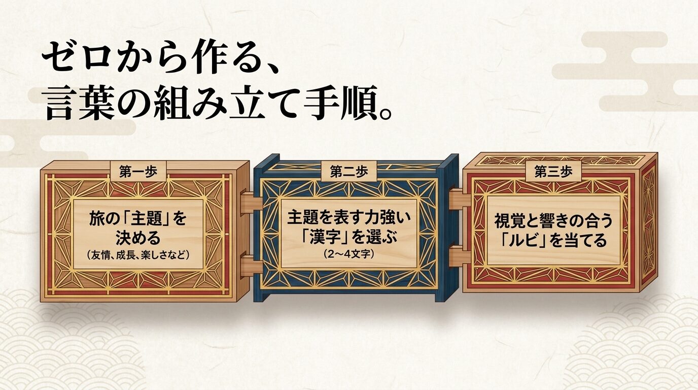 第一歩「主題を決める」、第二歩「漢字を選ぶ」、第三歩「ルビを当てる」という言葉の組み立て手順を示すスライド