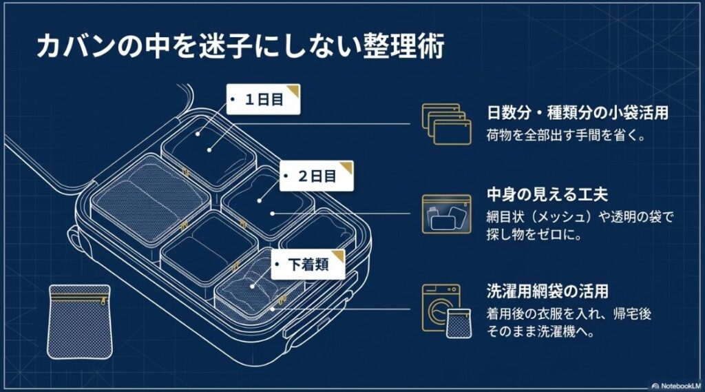 カバンの中を迷子にしない整理術。日数分や種類ごとの小袋活用、メッシュや透明袋で中身を見せる工夫、洗濯用網袋の活用