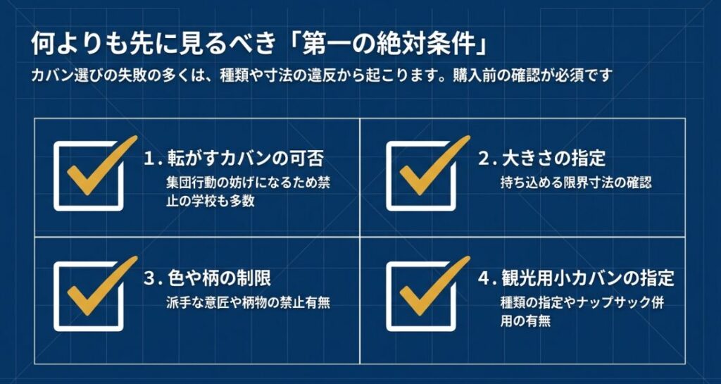 修学旅行カバン選びの絶対条件。転がすカバンの可否、大きさの指定、色や柄の制限、観光用小カバンの指定など事前確認が必須