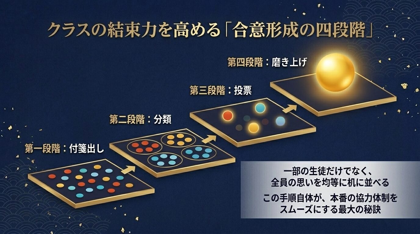 第一段階:付箋出し、第二段階:分類、第三段階:投票、第四段階:磨き上げ、という合意形成の四段階を示すステップ図。一部の生徒だけでなく全員の思いを均等に机に並べ、本番の協力体制をスムーズにする秘訣であることを解説している。