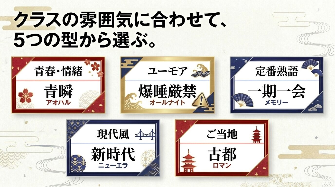 青春・情緒（青瞬）、ユーモア（爆睡厳禁）、現代風（新時代）、ご当地（古都）、定番熟語（一期一会）の5つのカテゴリを紹介するスライド