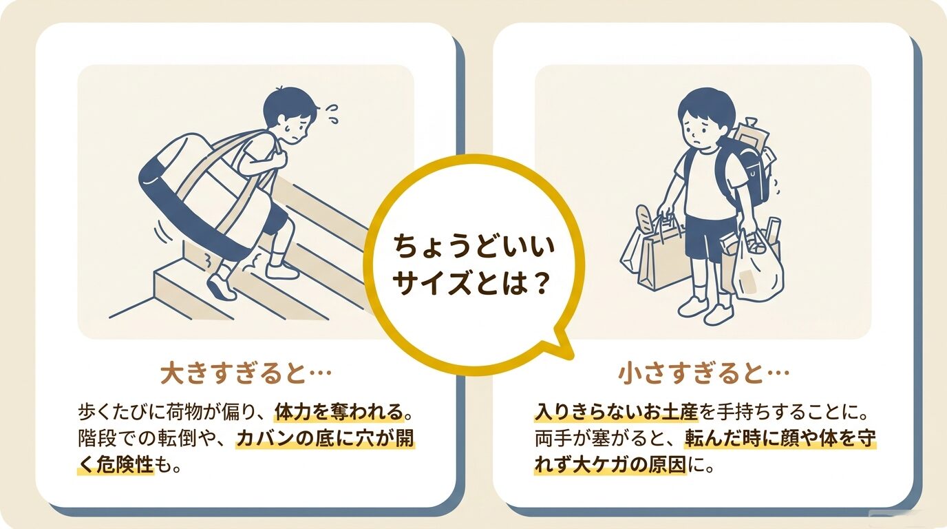 カバンが大きすぎると歩行中に荷物が偏り体力を奪われ転倒の危険があること、小さすぎるとお土産が入りきらず両手が塞がり大ケガの原因になることを説明するイラスト。