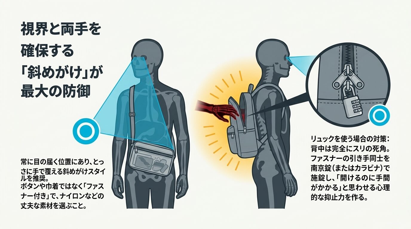 体の前で管理する斜めがけバッグの推奨と、リュックのファスナーを南京錠で固定する防犯テクニックの図解。