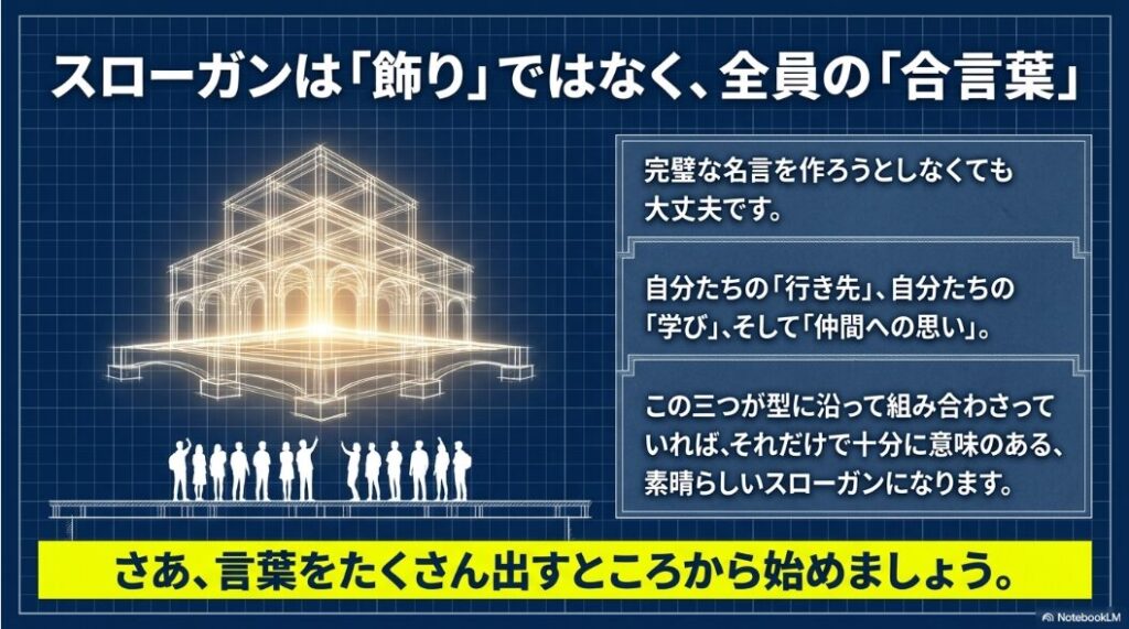 スローガンは飾りではなく全員の合言葉であることを伝えるまとめスライド