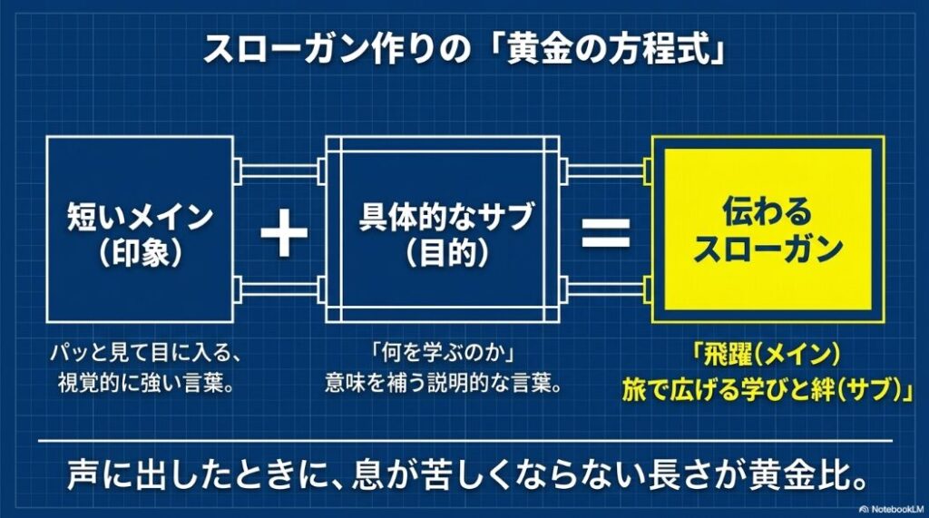 短いメインと具体的なサブタイトルを組み合わせて伝わるスローガンを作る図