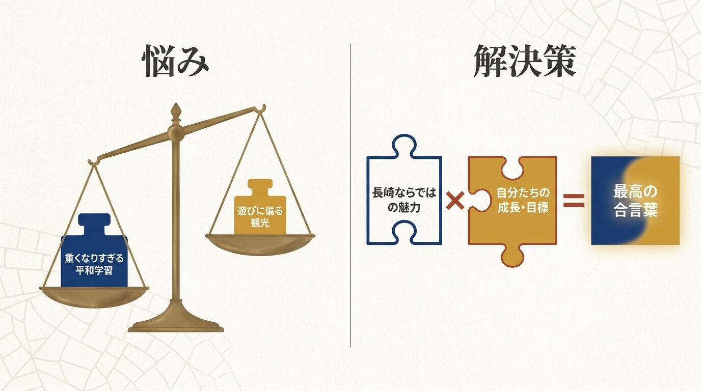 天秤の左側に「重くなりすぎる平和学習」、右側に「遊びに偏る観光」という悩みの図。解決策として「長崎ならではの魅力」と「自分たちの成長・目標」のパズルピースを掛け合わせることで「最高の合言葉」が完成することを示す図解。